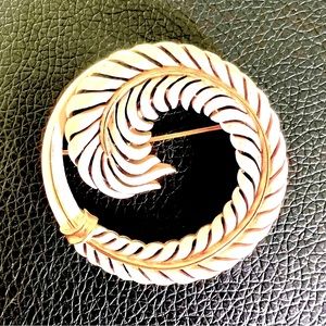 Crown Trifari Vintage Gold Tone White Enamel Swirling Feather Brooch